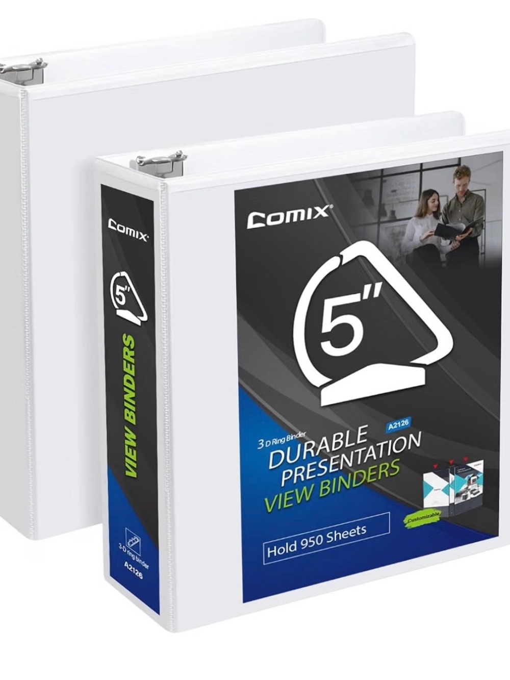 COMIX 5" Heavy Duty D-Ring 3-Ring View Binders (Set of 2) - White